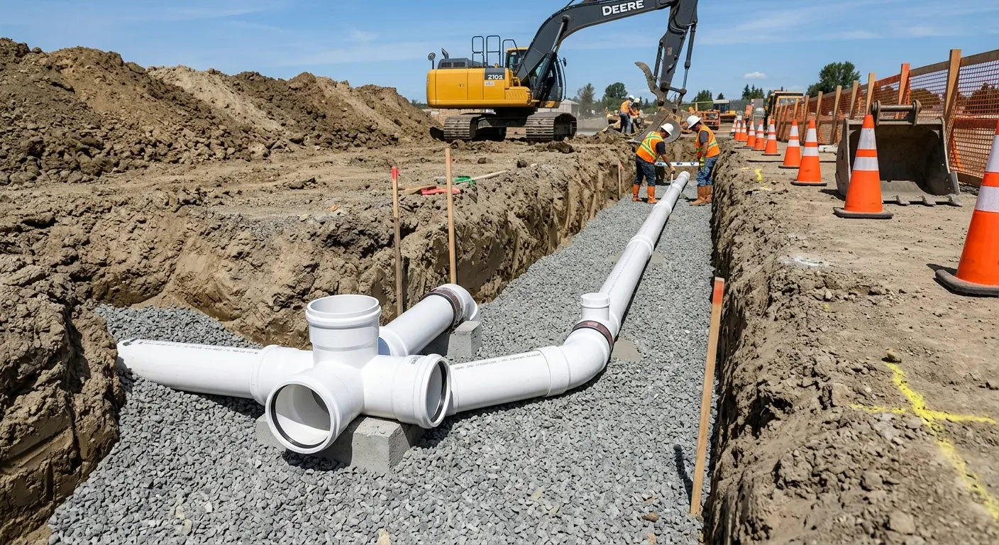 New PVC sewer pipe installation in open trench for Sewer Backup in Altoona