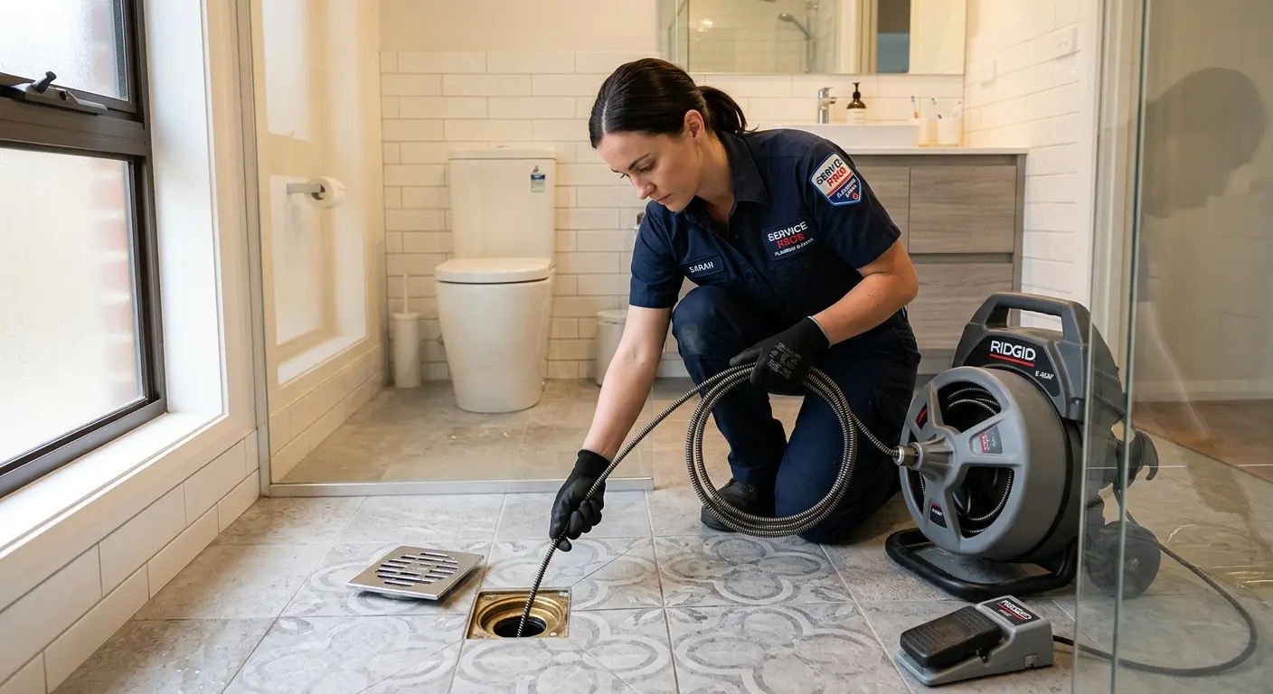 Technician clearing a bathroom floor drain for Hydro Jetting in Altoona